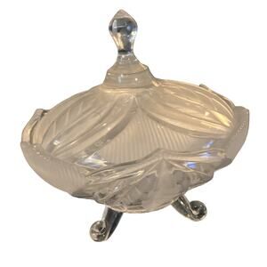 Candy Dish Vintage Footed Crystal Frosted Cut-Glass with Lid. 6” dia., 6” high.
